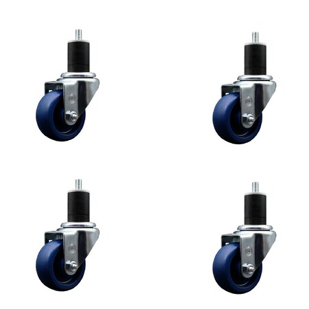 Service Caster 3'' Solid Poly Swivel 1-3/4'' Expanding Stem Caster Set with Brake, 4PK SCC-EX20S314-SPUS-PLB-134-4